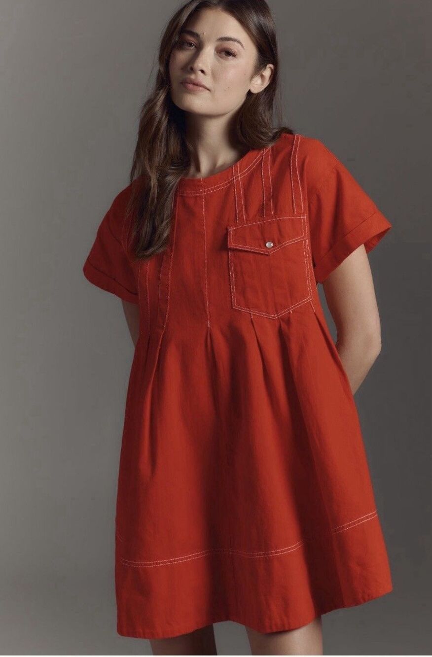 Pilcro Red 100% Cotton Woven Shift Dress Short Sleeve Pocket Zip Sz S